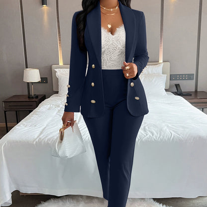 Women’s Pantsuit - Tailored Fit Blazer with Metal Buttons - High-Waisted Straight-Leg Trousers