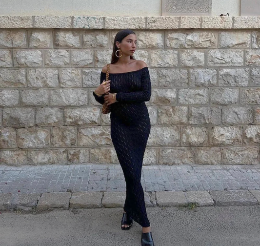 Textured Knit Bodycon Off-Shoulder Long Dress