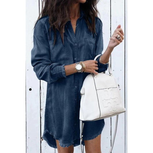 Frayed Hem Relaxed Fit Denim Shirt Dress