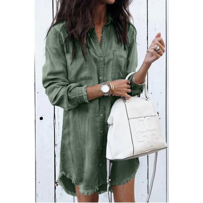 Women's Denim Shirt Dress - Button-Up Collared - Long Sleeve Relaxed Fit - Frayed Hem