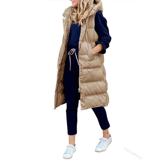 Winter sleeveless padded mid-length coat for women with hood