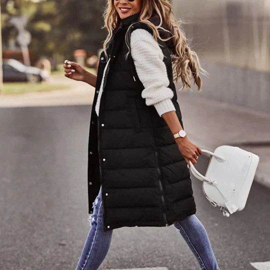Winter sleeveless padded mid-length coat for women with hood
