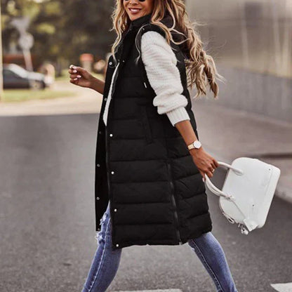 Winter sleeveless padded mid-length coat for women with hood
