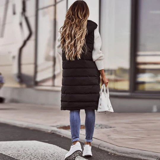 Winter sleeveless padded mid-length coat for women with hood