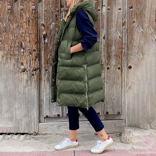 Winter sleeveless padded mid-length coat for women with hood
