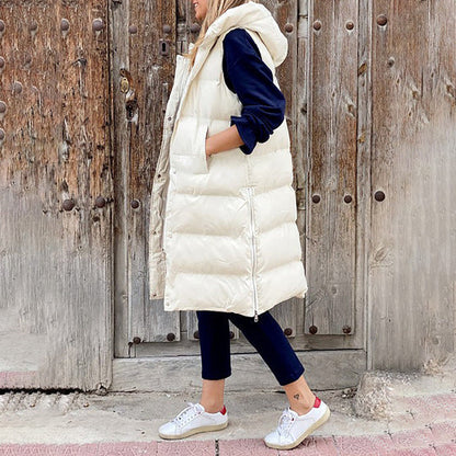 Winter sleeveless padded mid-length coat for women with hood
