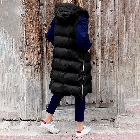 Winter sleeveless padded mid-length coat for women with hood