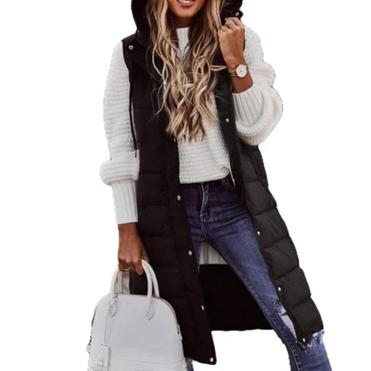 Winter sleeveless padded mid-length coat for women with hood