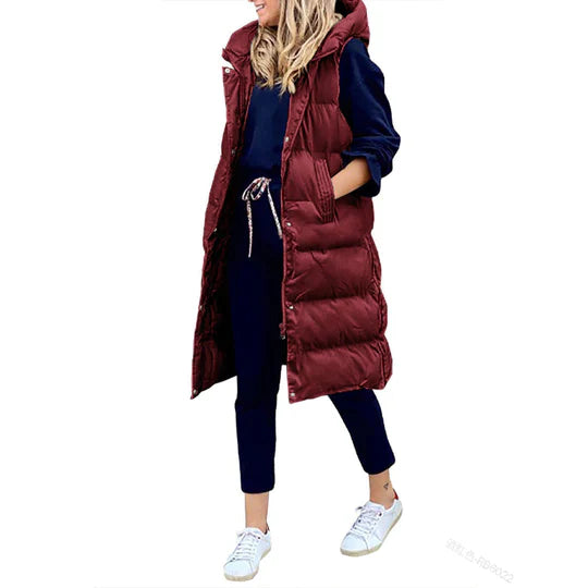Winter sleeveless padded mid-length coat for women with hood