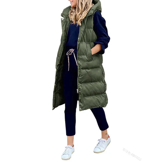 Winter sleeveless padded mid-length coat for women with hood