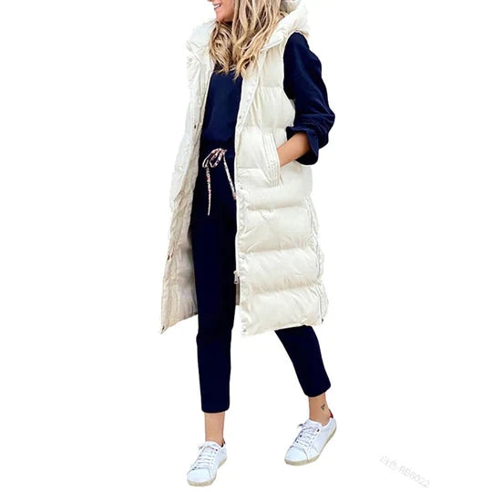 Winter sleeveless padded mid-length coat for women with hood