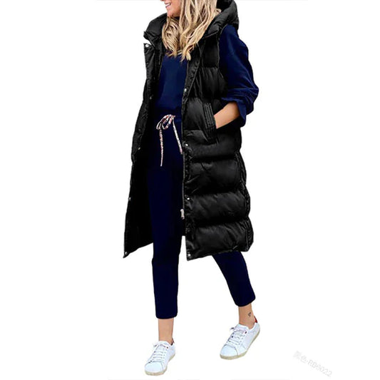 Padded Sleeveless Mid-Length Hooded Coat