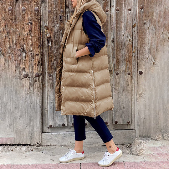 Winter sleeveless padded mid-length coat for women with hood