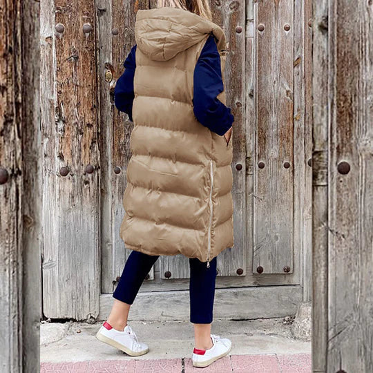 Winter sleeveless padded mid-length coat for women with hood