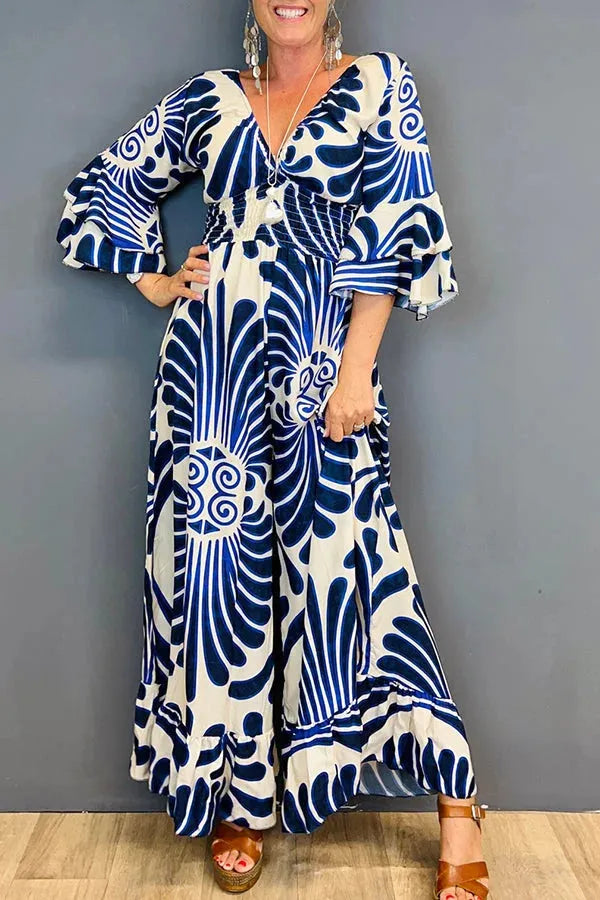 Women's vintage-style floral overall with flounce sleeves