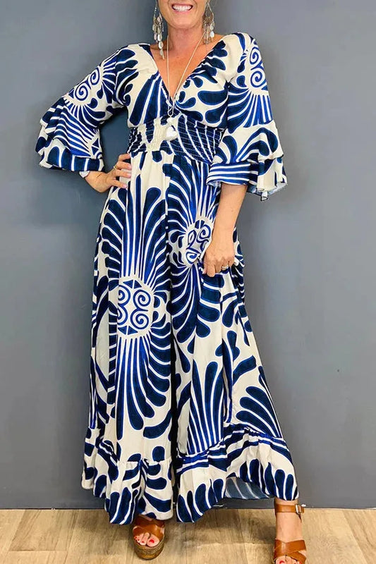 Floral Flounce Sleeve Vintage-Style Overall