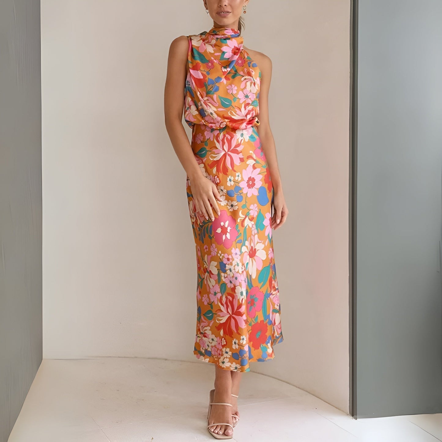 Women's Halter Midi Dress - Draped Asymmetrical Design - Elegant Floral Print