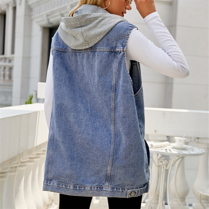 Women's casual drawstring hooded denim vest