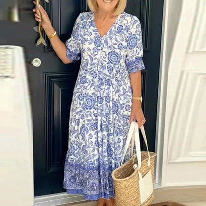 Women’s Maxi Dress - Floral Print - V-Neck - Flowy Three-Quarter Sleeve Casual Wear