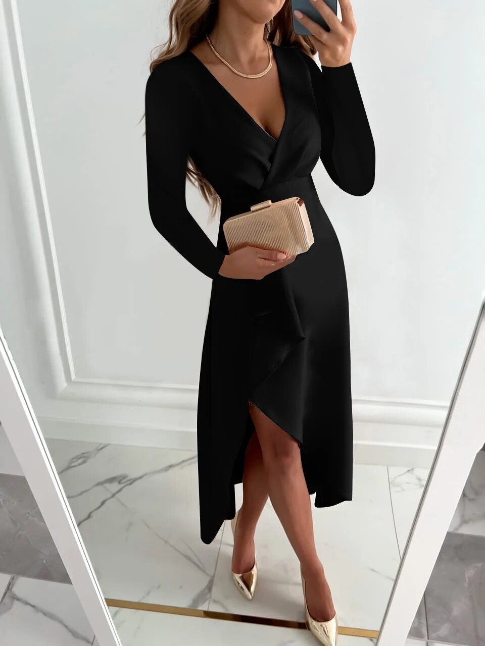 Women's Evening Dress - Wrap V-Neck - Long Sleeve - Asymmetrical High-Low Hem