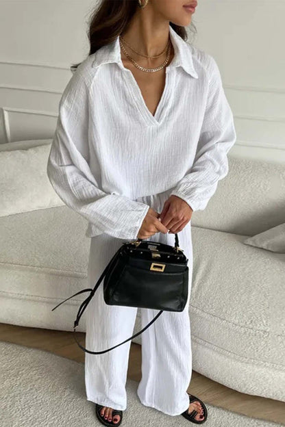 Luna - lapel drawstring wide-leg pants set