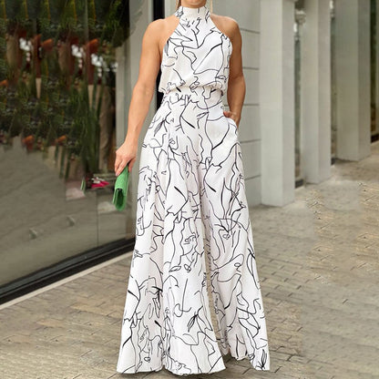 Women's Halter Neck Jumpsuit - Wide Leg - Abstract Print - Elegant Flowy Fit