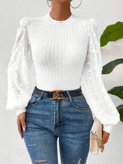 Women's Ribbed Knit Top - Sheer Long Sleeves - Elegant Textured Detailing