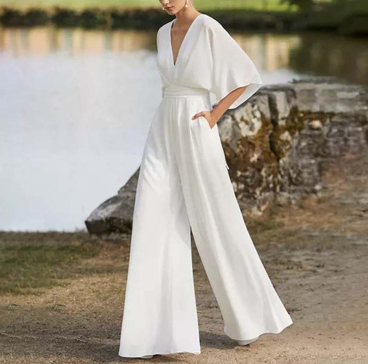Flowy Wide-Leg V-Neck Jumpsuit