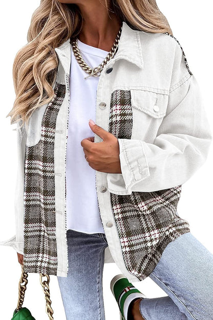 Women's denim plaid long sleeve button-down jacket for fall/winter