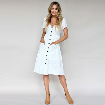 Women's Midi Dress - V-Neck Button Down - Short Sleeve - Casual Fit