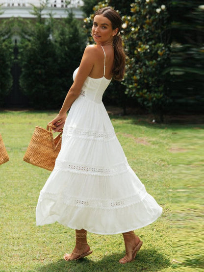 Women's Maxi Dress - Spaghetti Strap - Flowy Relaxed Fit - Lace Crochet Detail