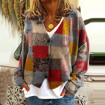 Knitted women's sweater with colorful print