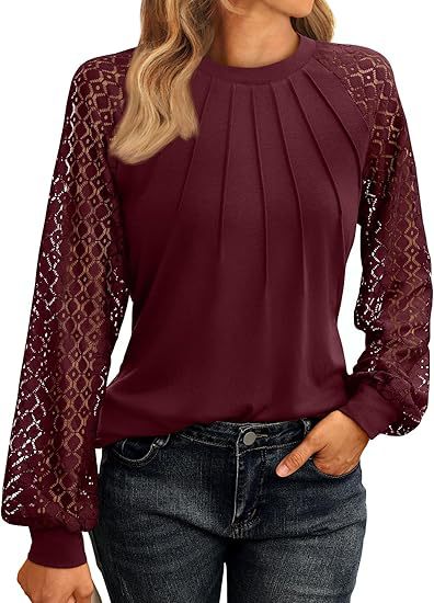 Women's Blouse - Long Lace Sleeves - Round Neck - Pleated Front - Relaxed Fit