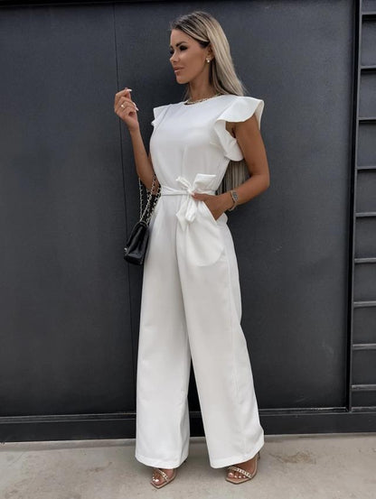 Women's Jumpsuit - Ruffled Short Sleeves - Tie-Waist - Wide-Leg Elegant Fit
