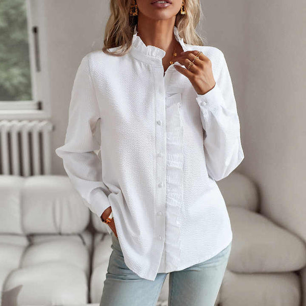 Women's striped long sleeve pleated single breasted shirt