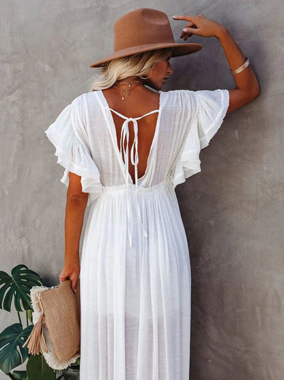 Women’s Maxi Dress – Cotton Blend – Flowy Fit – Puff Sleeve – V-Neck Boho Style