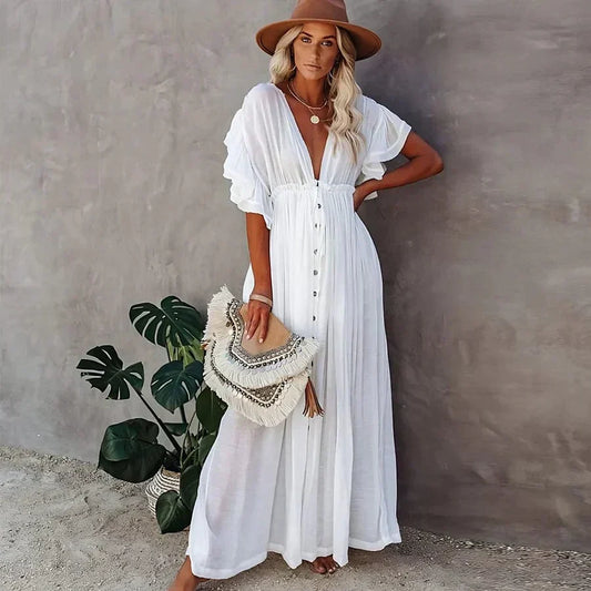 Flowy Cotton Blend Puff Sleeve Maxi Dress