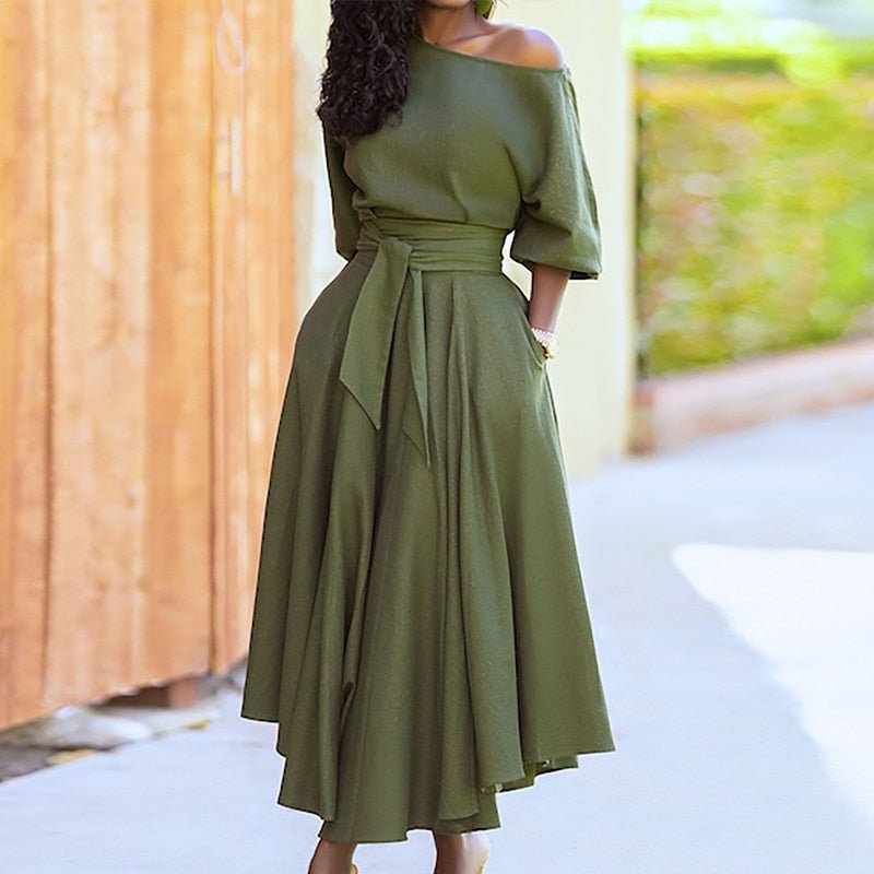 Women's Off-Shoulder Midi Dress - A-Line Silhouette - Waist Tie - Half Sleeve