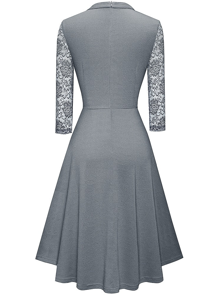 Women's A-Line Dress - High Neck - Lace 3/4 Sleeves - Elegant Semi-Formal Wear