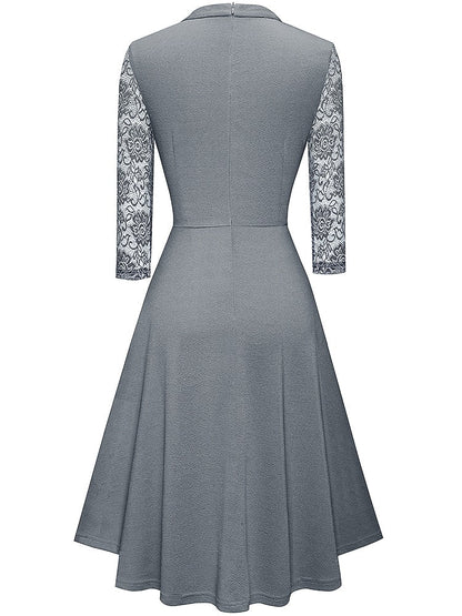 Women's A-Line Dress - High Neck - Lace 3/4 Sleeves - Elegant Semi-Formal Wear