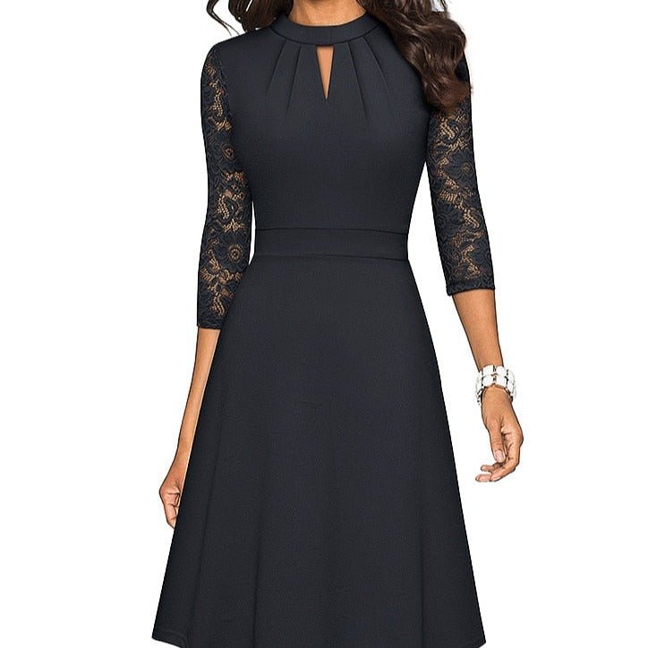 Women's A-Line Dress - High Neck - Lace 3/4 Sleeves - Elegant Semi-Formal Wear