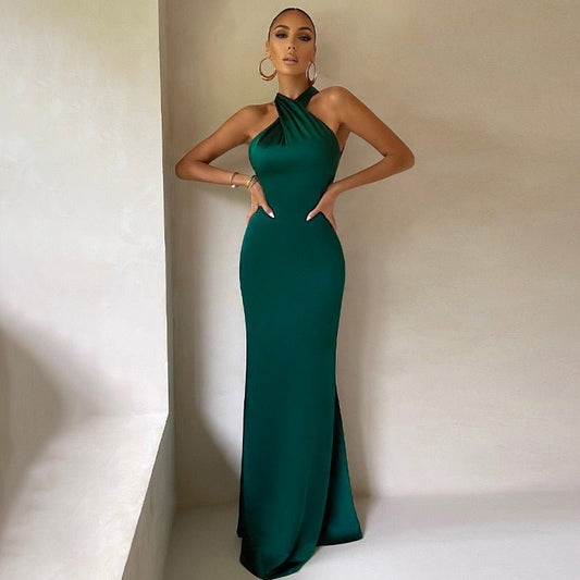 Women's Evening Gown - Halter Neckline - Floor-Length Satin Elegant Formal Wear