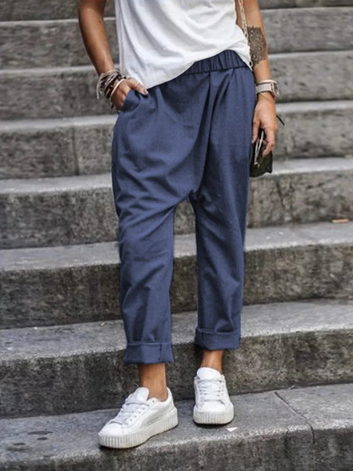 Women's Linen Harem Pants - Loose Fit - Elastic Waist - Lightweight with Side Pockets