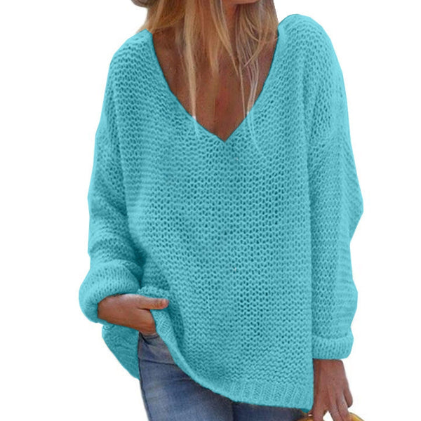 Women’s Knit Top – Oversized Fit – Deep V-Neck – Ribbed Texture – Long Sleeve