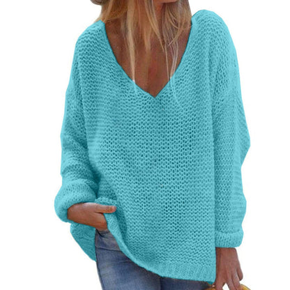 Women’s Knit Top – Oversized Fit – Deep V-Neck – Ribbed Texture – Long Sleeve
