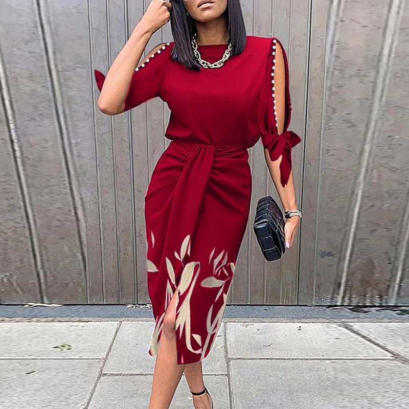 Women’s Midi Dress - Short Sleeve Cut-Out with Bead Detail - Cinched Waist - Floral Print