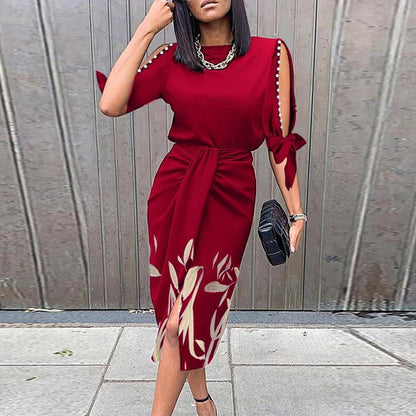 Women’s Midi Dress - Short Sleeve Cut-Out with Bead Detail - Cinched Waist - Floral Print