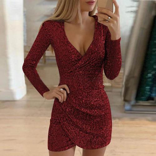 Sequined Bodycon Fit Long Sleeve Wrap Dress