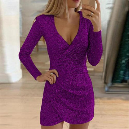 Women’s Sequin Mini Dress - Fitted Bodycon - Long Sleeve Deep V-Neck - Ruched Waist