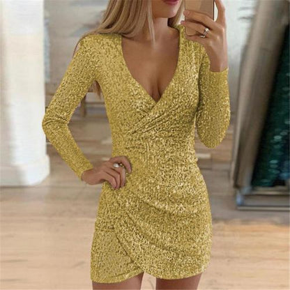 Women’s Sequin Mini Dress - Fitted Bodycon - Long Sleeve Deep V-Neck - Ruched Waist